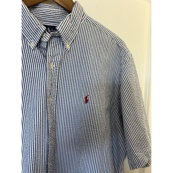 Ralph Lauren Mens Shirt Extra Large Button Classic Fit Seersucker Blue White - Picture 2 of 8